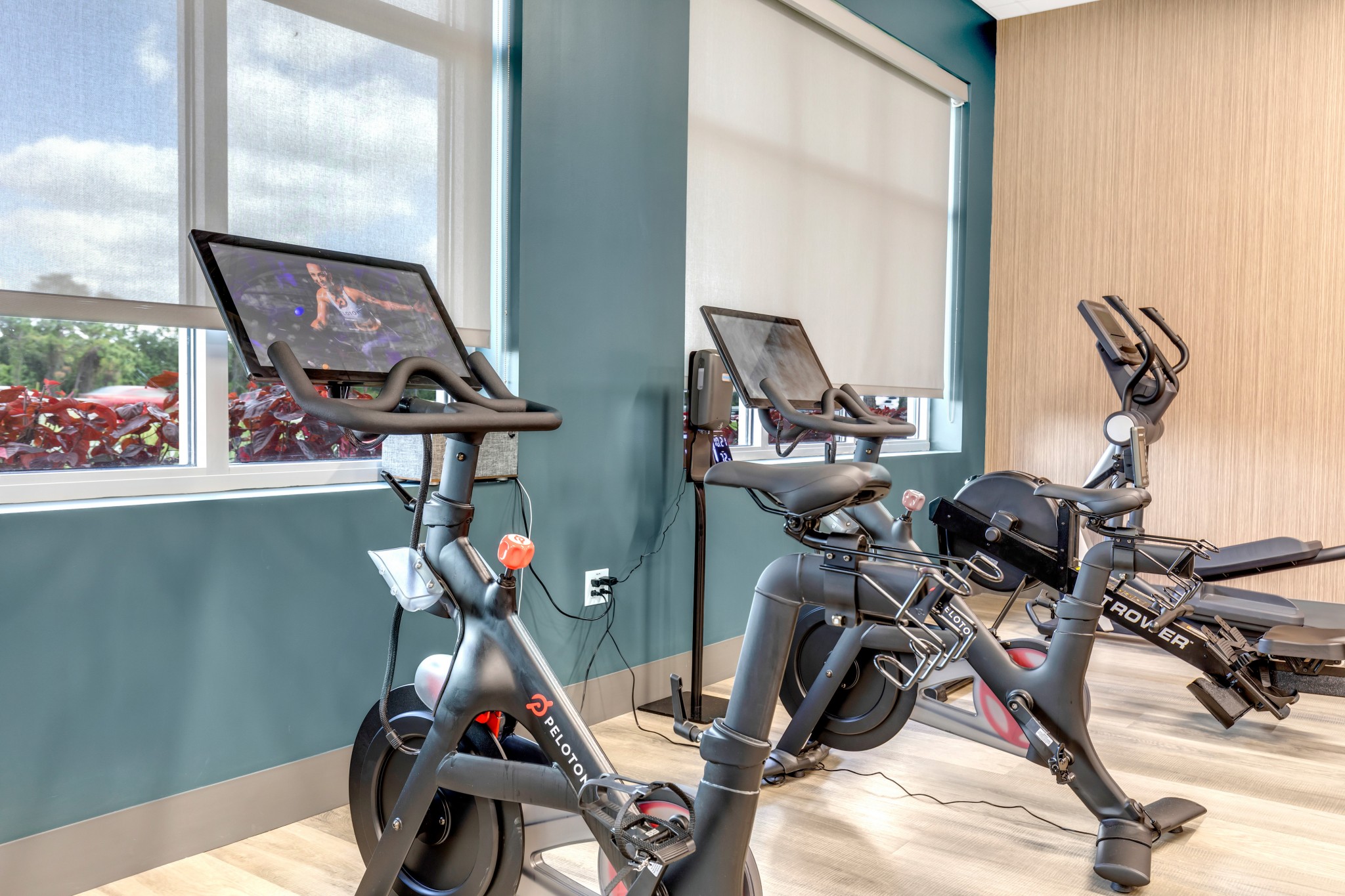 Vélos d'exercice modernes face aux fenêtres dans un centre de conditionnement physique