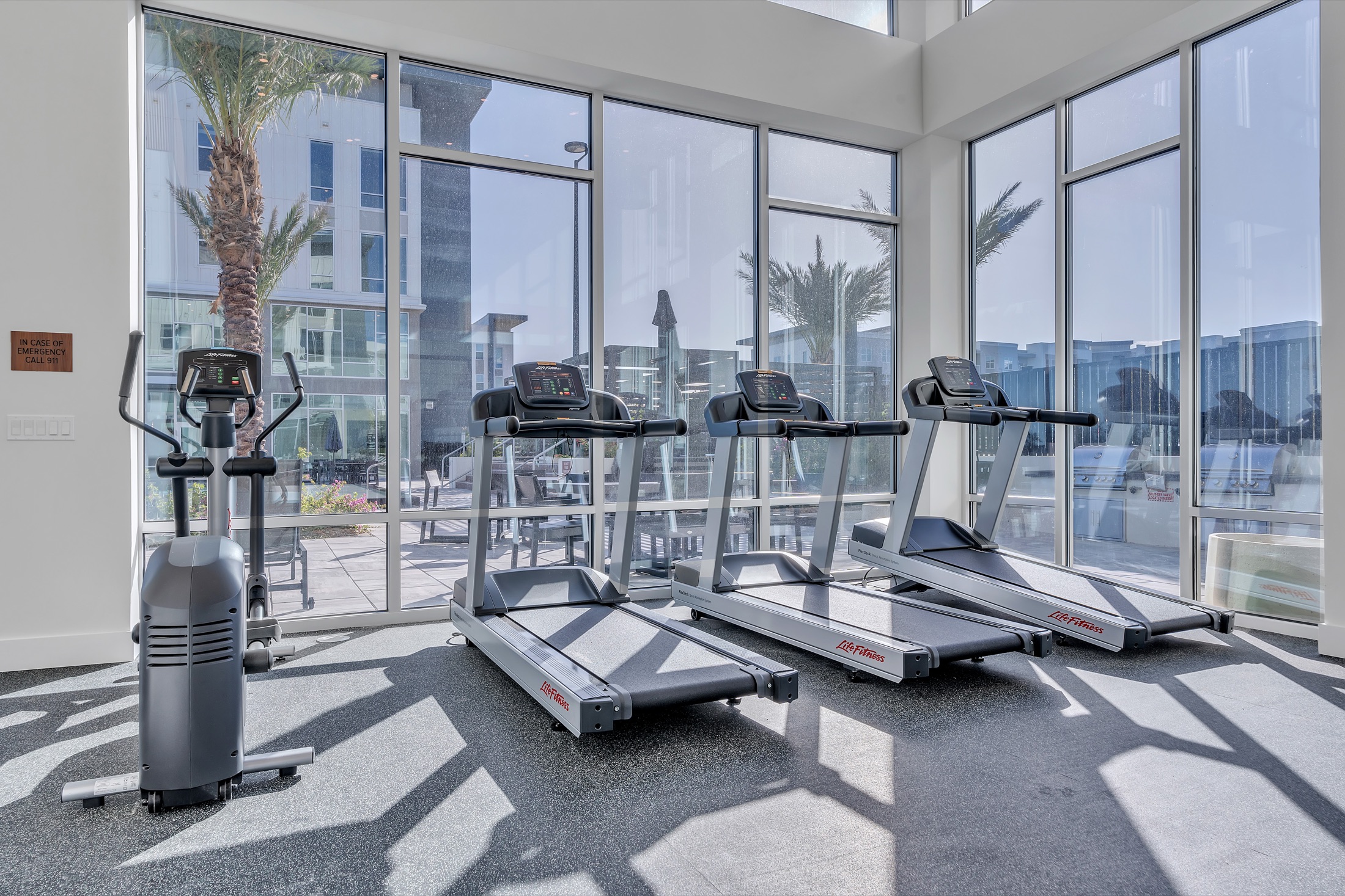 Row of treadmills in a glass-walled fitness room
