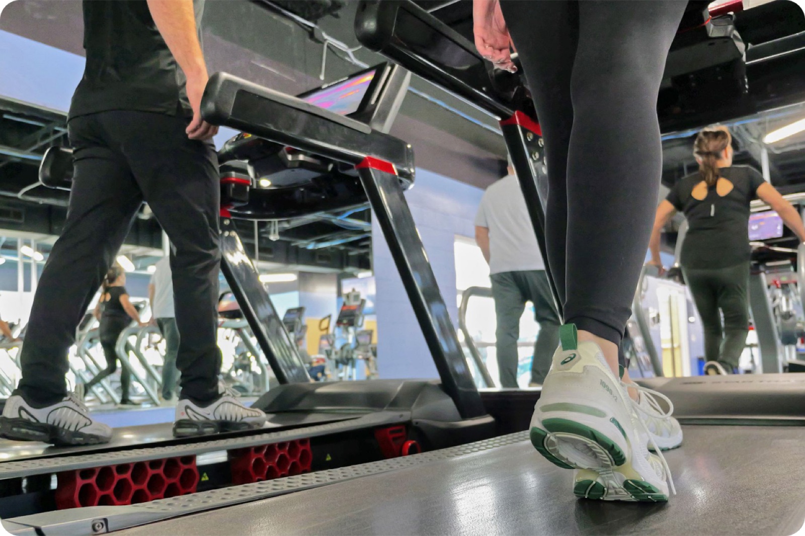Members walking on treadmills in a fitness center