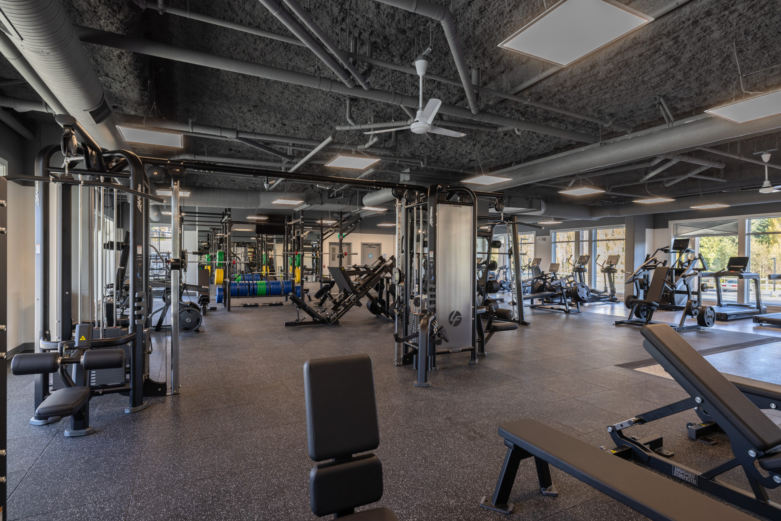 Modern gym with dark style and modern exercise equipment